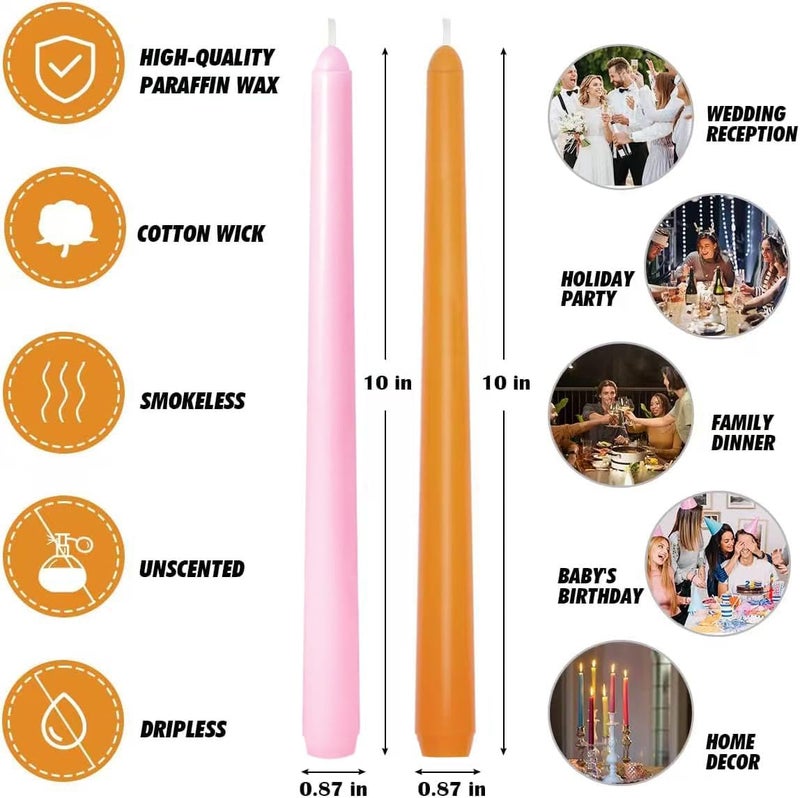 Sihuida 6-Pack Orange and 6-Pack Pink Taper Candles, 10 Inch Unscented Dripless Candlesticks, Long-Lasting Burn Time of 7-8 Hours, Perfect for Home Décor Dinner Party - Image 2
